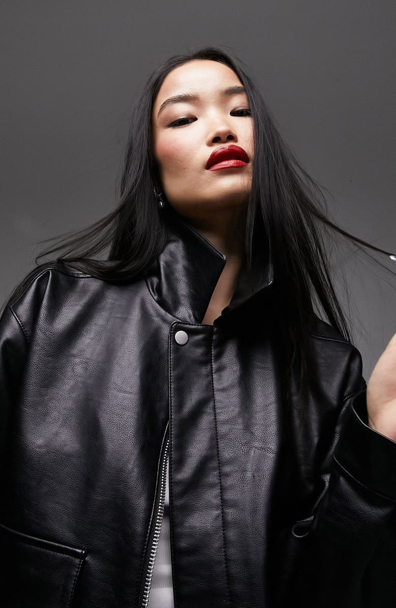 Topshop Oversize Faux Leather Bomber Jacket, Alternate, color, 