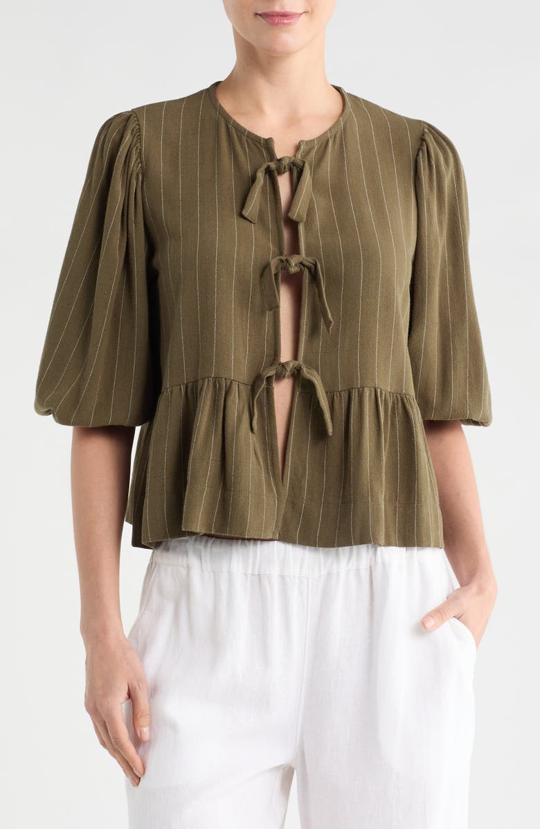 Renee C Stripe Tie Front Peplum Top, Main, color, Olive