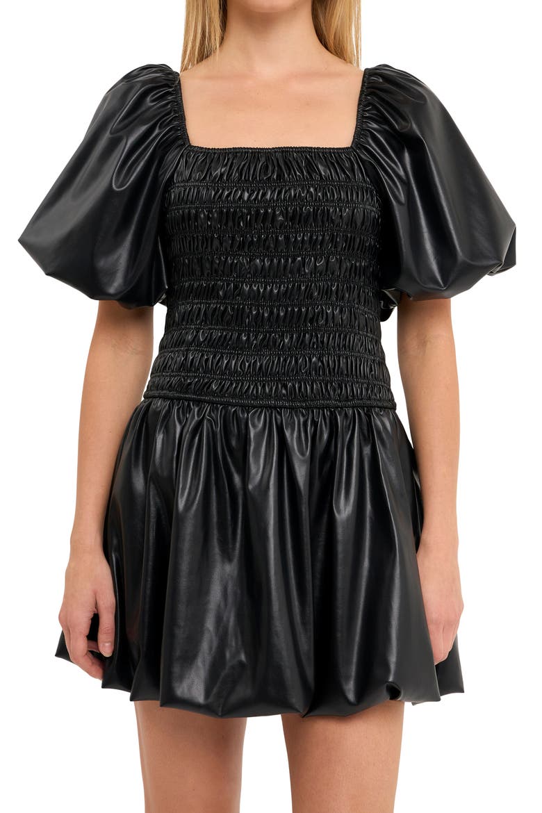 faux leather babydoll dress Wholesale VD33847-V-neck Flare Faux Leather Babydoll Mini Dress for your store