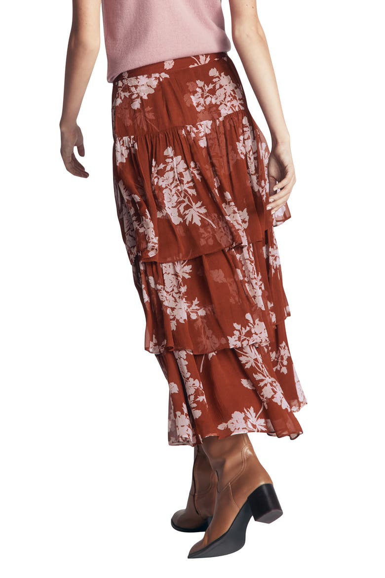 Floral Tiered Ruffle Midi Skirt, Alternate, color, ARABIAN SPICE, FLECKED BUNCH