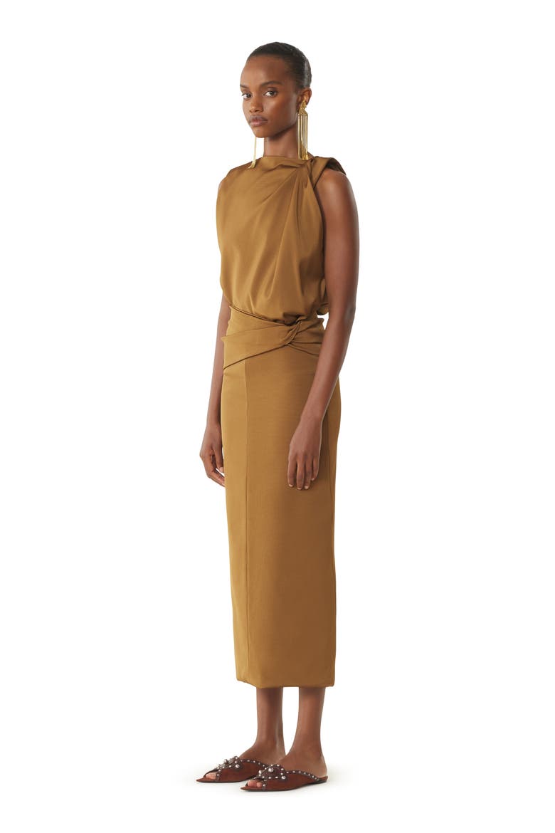 Brown Midi Dress In Viscose, Alternate, color, Golden Brown
