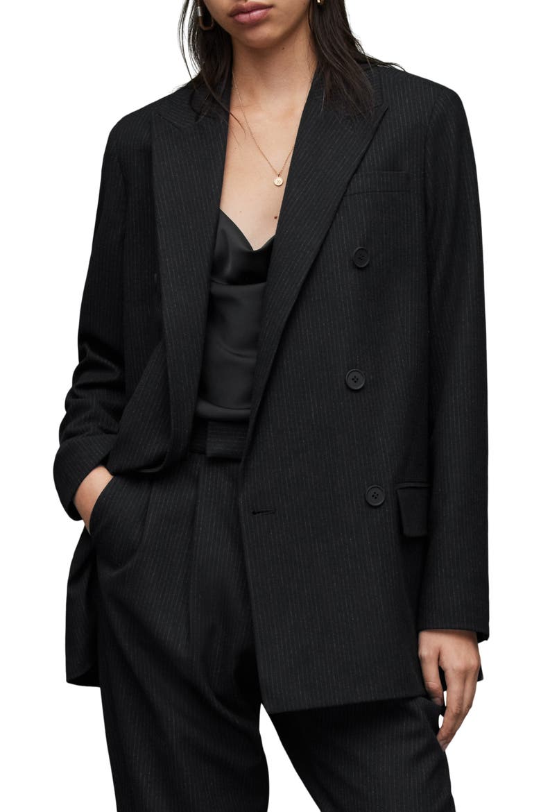 Astrid Pinstripe Blazer, Main, color, BLACK