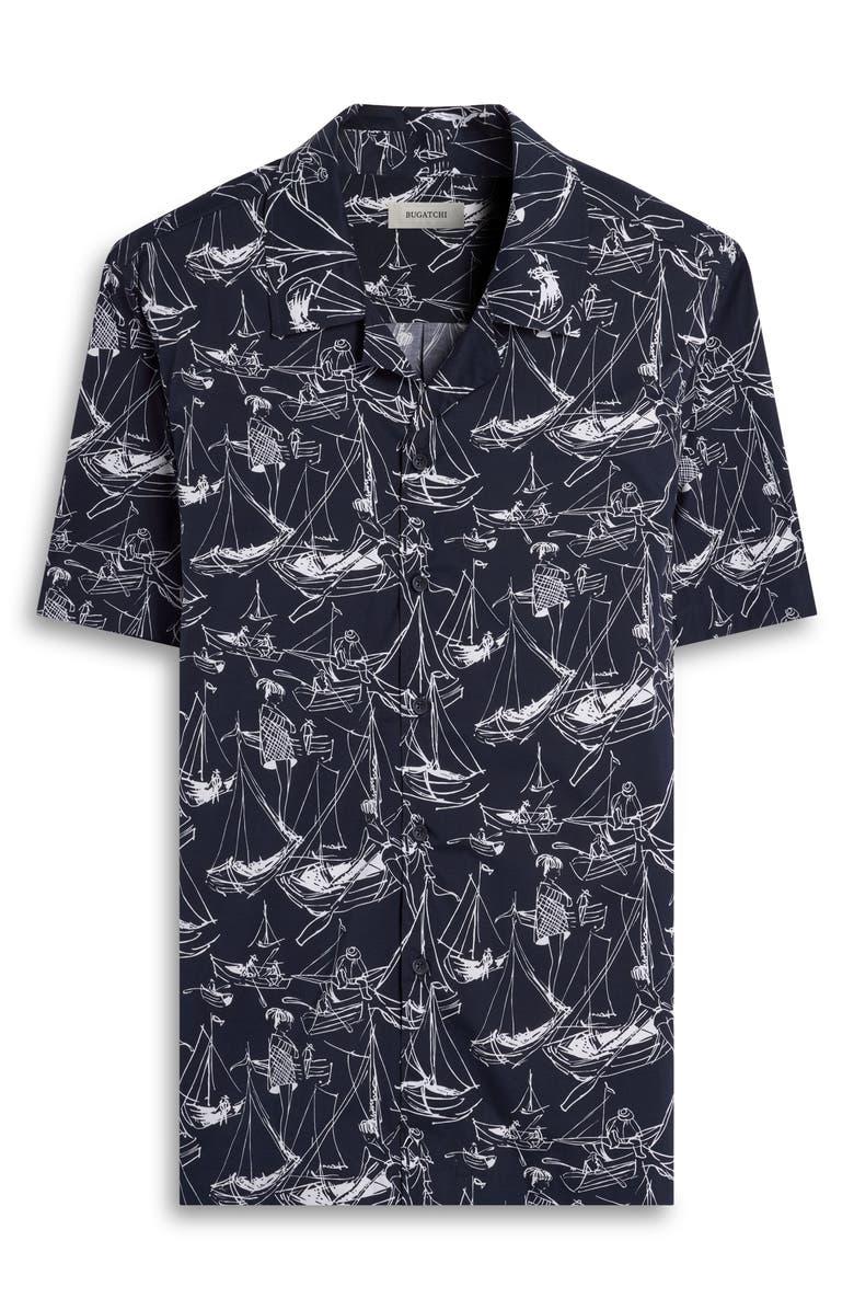 Bugatchi Jackson Marina Print Stretch Cotton Camp Shirt, Alternate, color, Navy