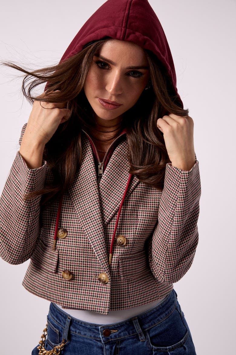Skye Cropped Blazer With Hoodie Insert in Maroon & Houndstooth, Alternate, color, Maroon/Houndstooth