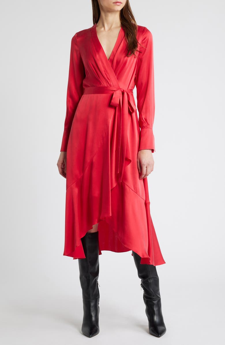 KOBI HALPERIN Victoria Long Sleeve Silk Faux Wrap Dress, Main, color, Scarlet