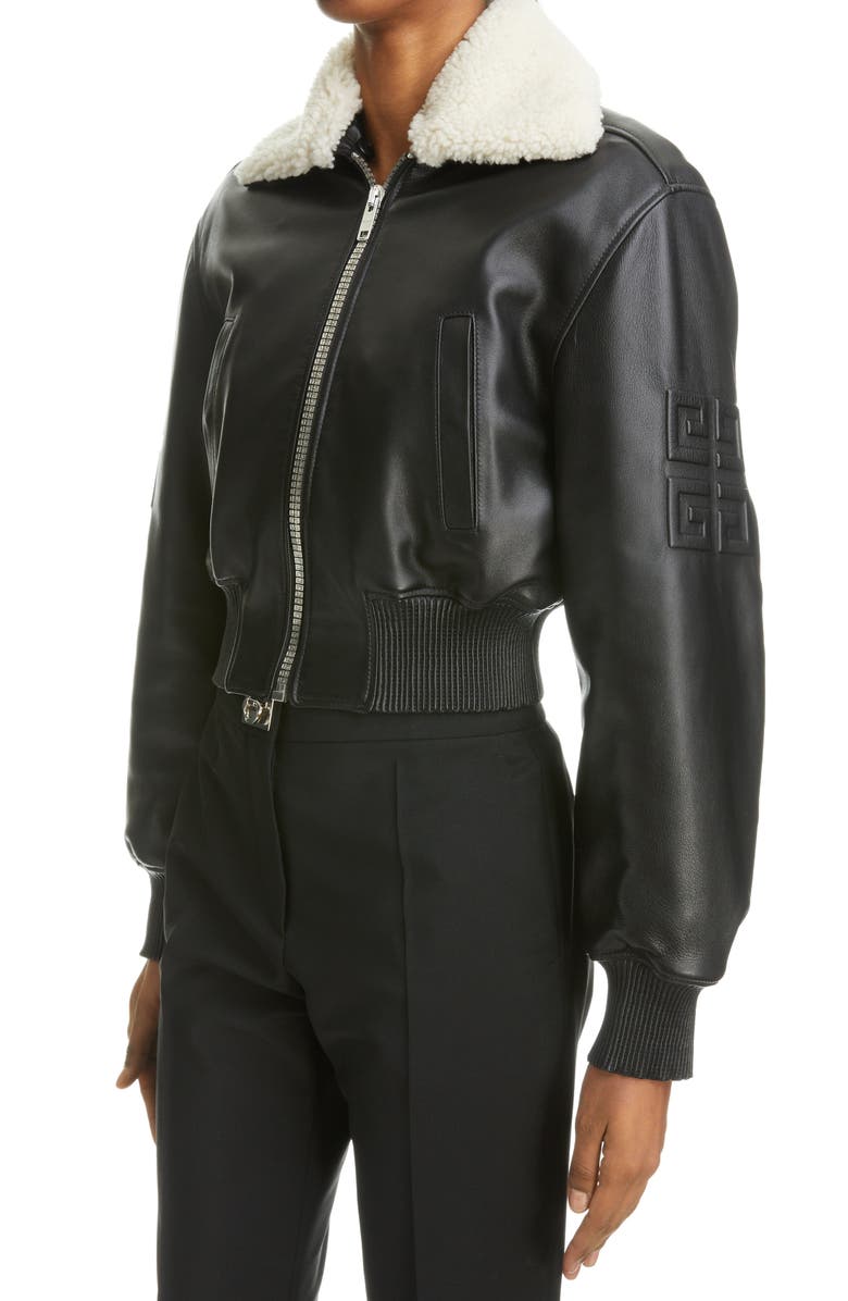 Givenchy 4G Logo Leather Crop Bomber Jacket with Genuine Shearling Collar, Alternate, color, 