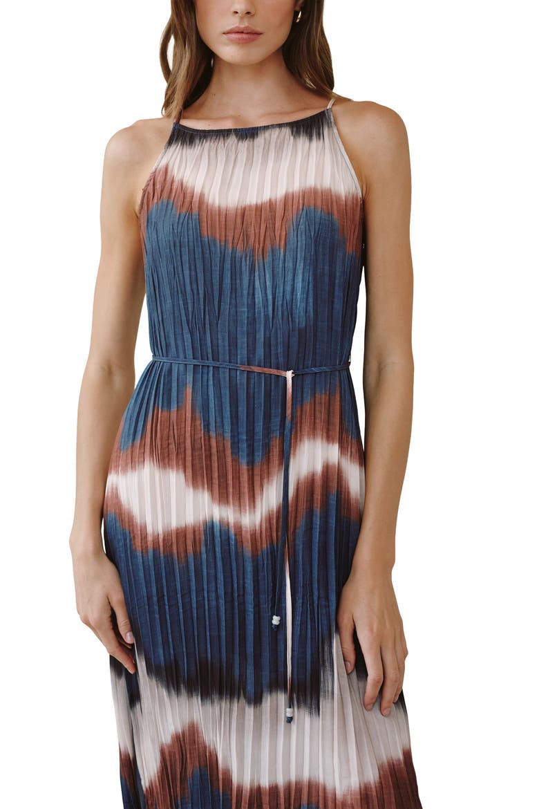 Pleated Midi Dress, Alternate, color, MIDNIGHT TIDES PRINT