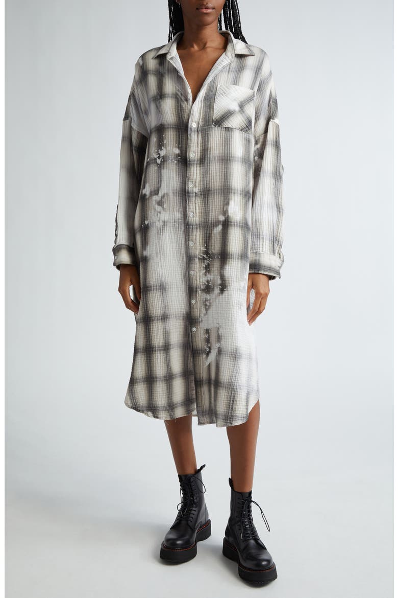 Jumbo Bleached Plaid Long Sleeve Cotton Gauze Midi Shirtdress, Main, color, BLEACHED GREY PLAID