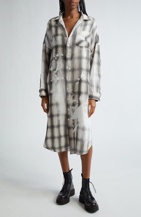 Jumbo Bleached Plaid Long Sleeve Cotton Gauze Midi Shirtdress