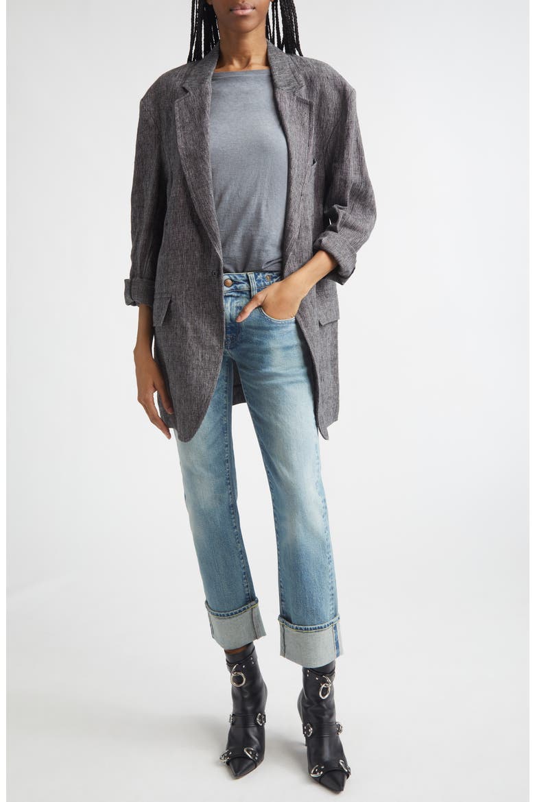 Oversize Ragged Linen Blazer, Alternate, color, DARK GREY WITH MICRO STRIPE