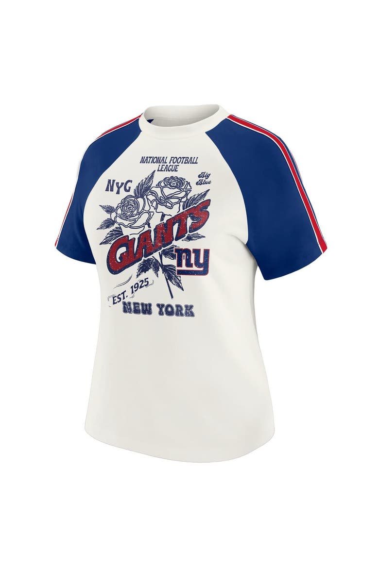 Women's WEAR by Erin Andrews White New York Giants Sleeve Stripe Distressed Raglan T-Shirt, Alternate, color, White