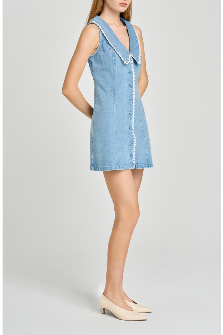 Betsy Lace Trim Sleeveless Denim Minidress, Alternate, color, MED WASH