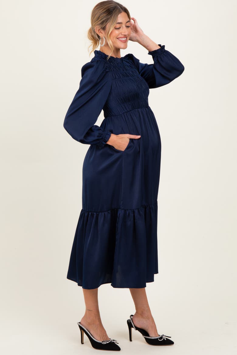 Mock Neck Satin Smocked Chest Dress, Alternate, color, Navy Blue
