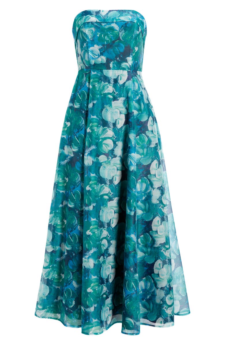 Lulus Elena Strapless Floral Organza Midi Dress, Alternate, color, Blue Multi