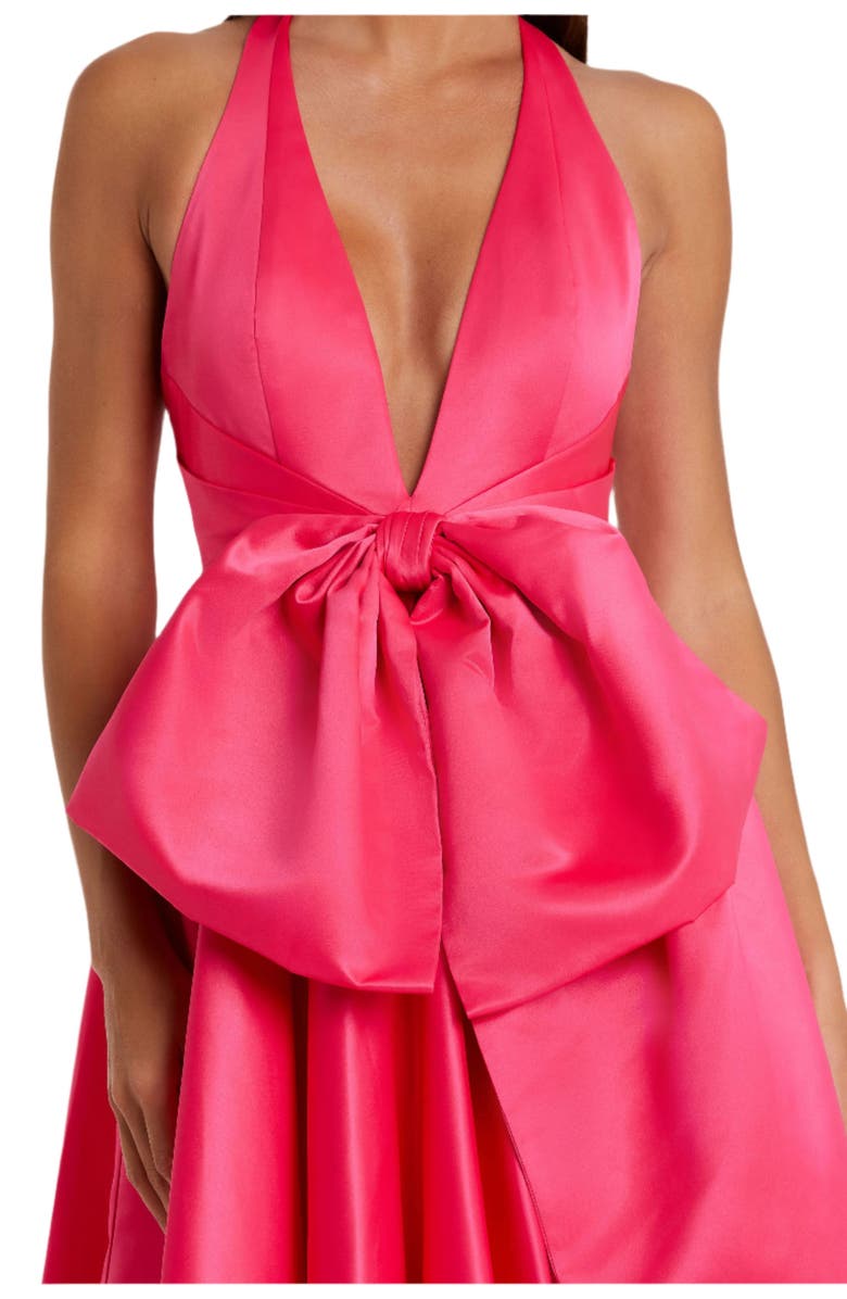 Mac Duggal Sleeveless Deep V Satin Gown With Oversized Bow, Alternate, color, Hot Pink