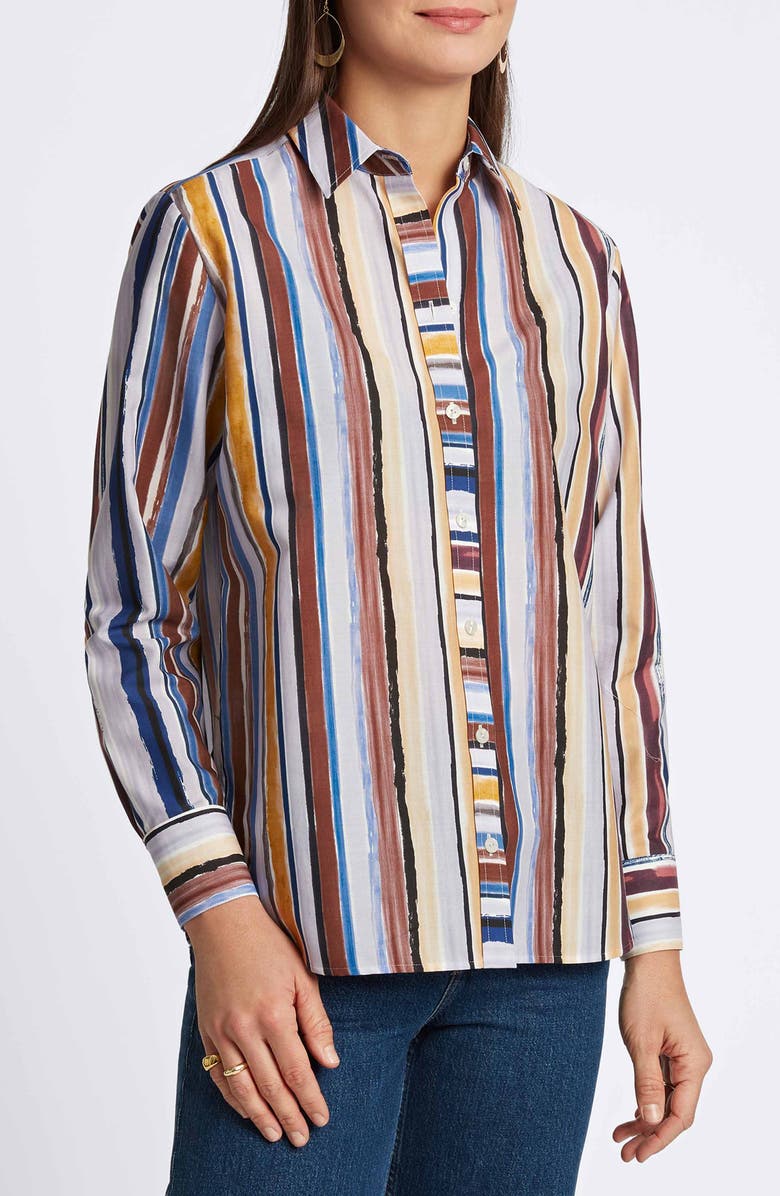Foxcroft Meghan Watercolor Stripe Cotton Button-Up Shirt, Alternate, color, Blue Stripe