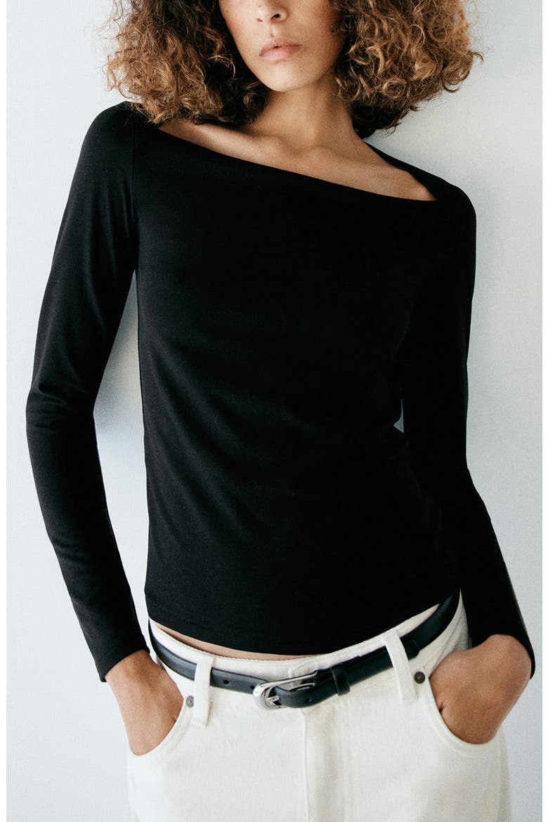Boat Neck Fitted T-Shirt, Main, color, BLACK