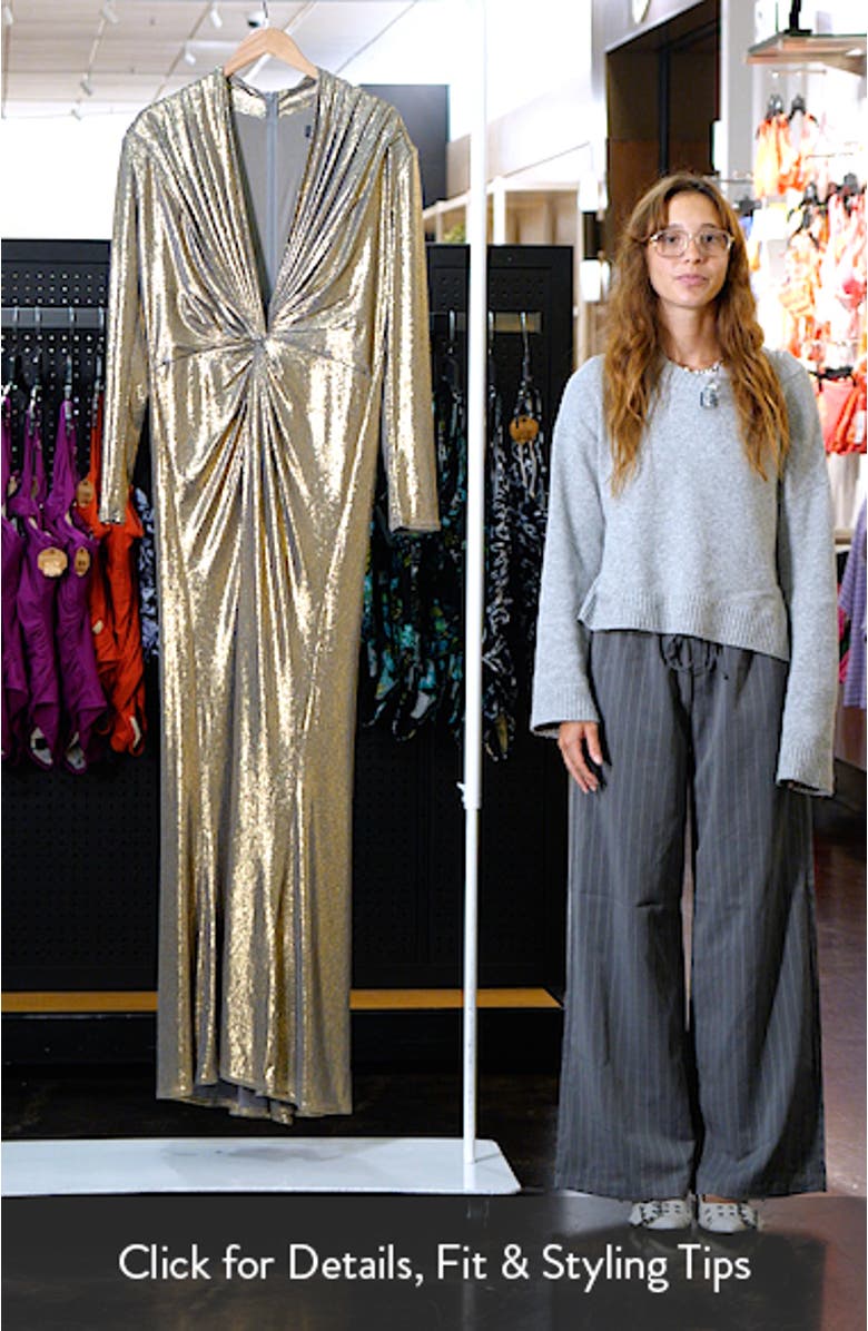 Metallic Long Sleeve Liquid Jersey Gown, sales video thumbnail