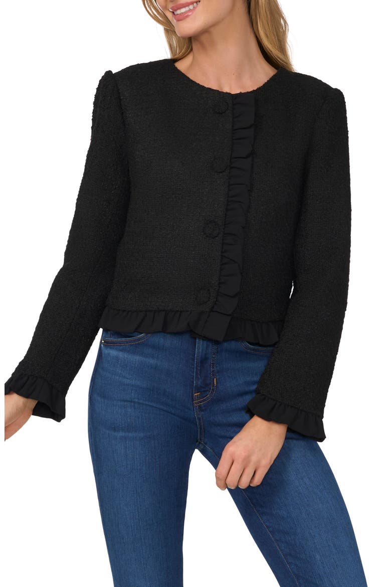 Ruffle Trim Tweed Jacket, Main, color, RICH BLACK