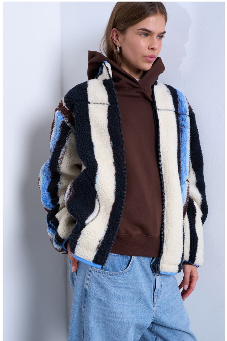 Stripe Faux Shearling Jacket, Main, color, WHITE
