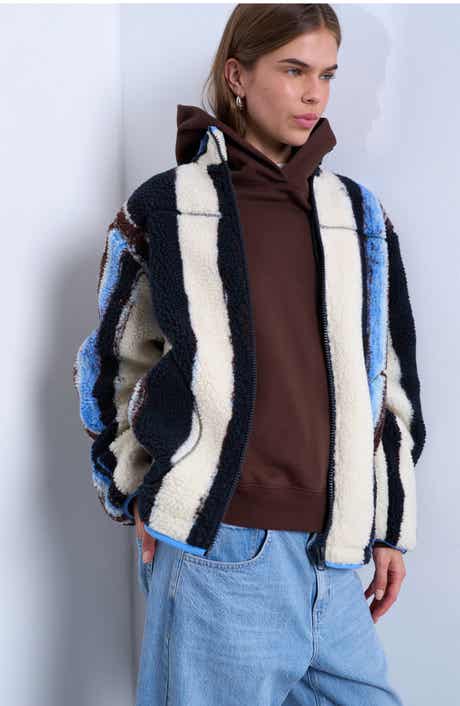 Topshop Stripe Faux Shearling Jacket
