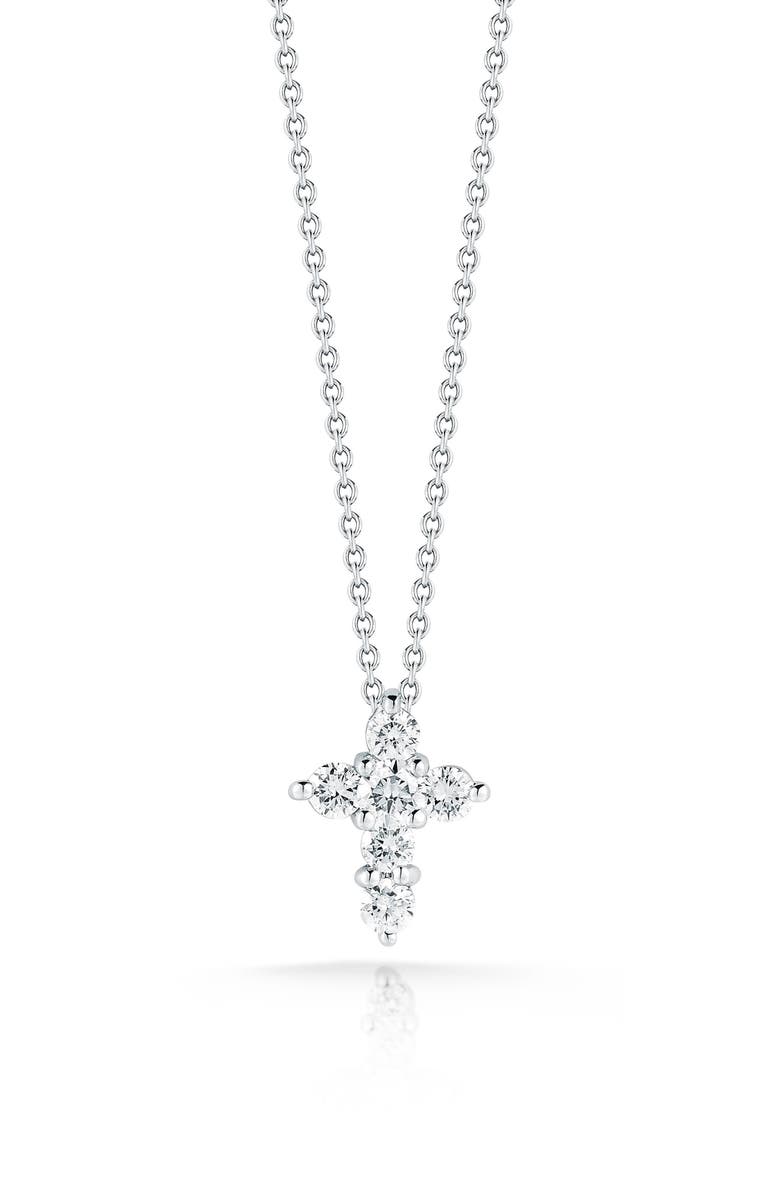 Roberto Coin Tiny Treasures Diamond Cross Pendant Necklace, Main, color, White Gold