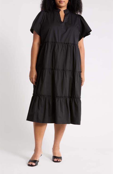 Noelle Split Neck Tiered Cotton Dress