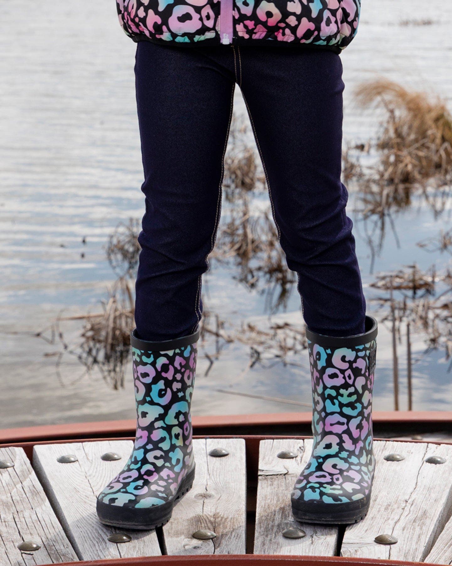 Deux par Deux Girl Waterproof Animal Rain Boots in Natural Rubber, Alternate, color, Black Animal Print