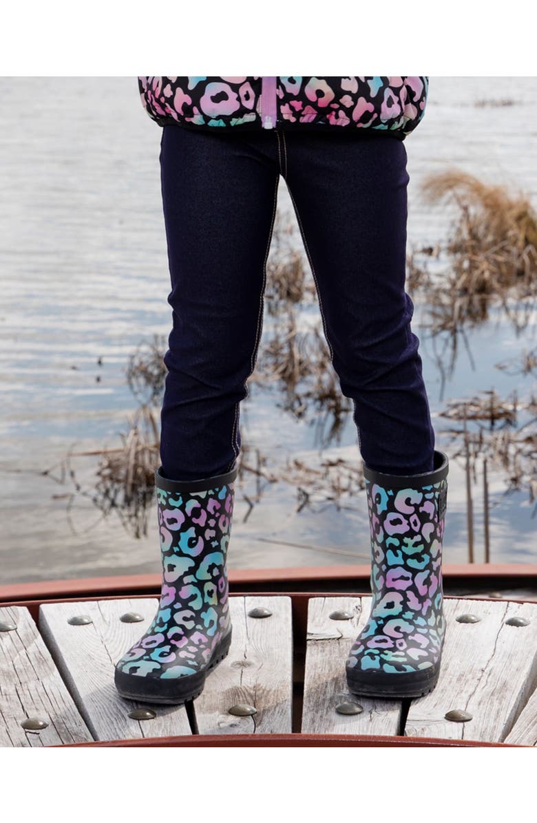 Deux par Deux Girl Waterproof Animal Rain Boots in Natural Rubber, Alternate, color, Black Animal Print