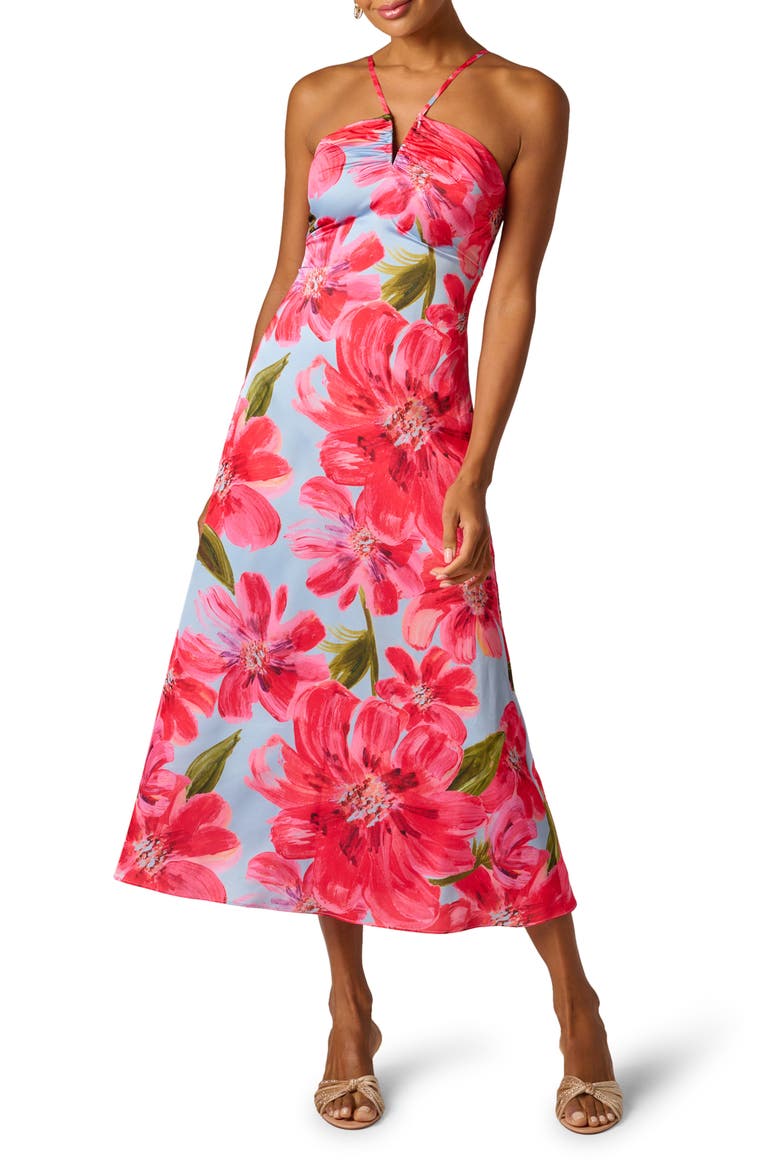 Floral Satin Crepe Halter Maxi Dress, Main, color, BLUE/ PINK MULTI