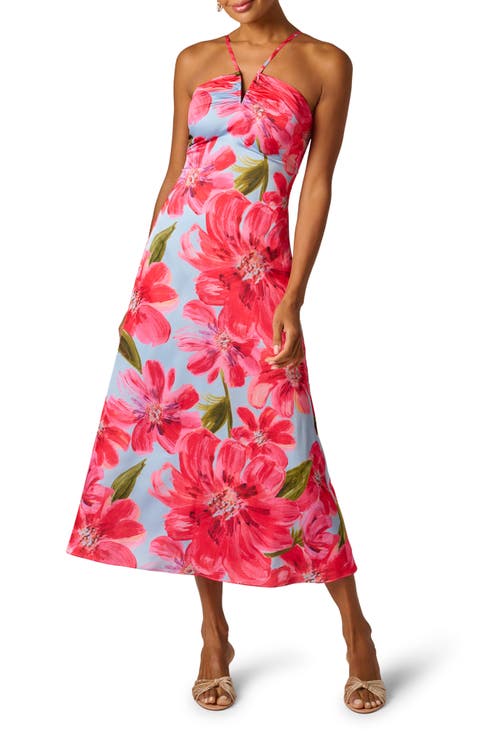 Floral Satin Crepe Halter Maxi Dress