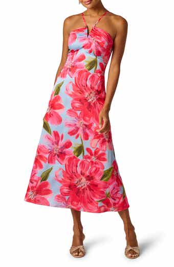 Floral Satin Crepe Halter Maxi Dress