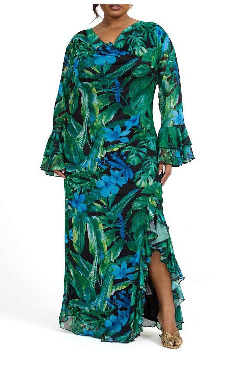 FASHION-SZN CURVE Ruffle Cowl Neck Palm Print Maxi Dress, Alternate, color, Green
