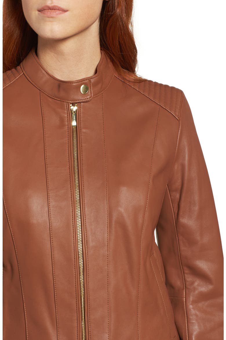 Cole Haan Leather Moto Jacket, Alternate, color, COGNAC