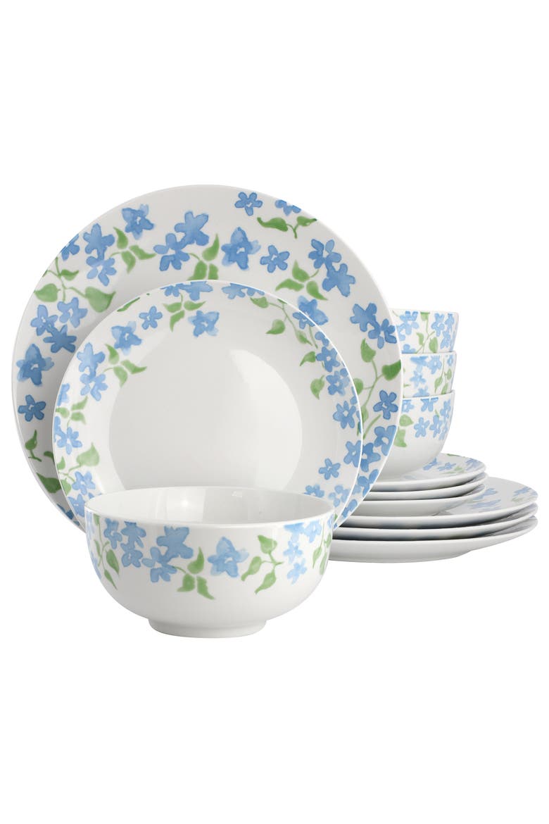 12 Piece Fine Ceramic Dinnerware Set in Blue Floral, Main, color, Blue