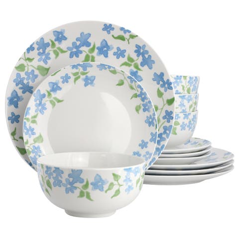 12 Piece Fine Ceramic Dinnerware Set in Blue Floral