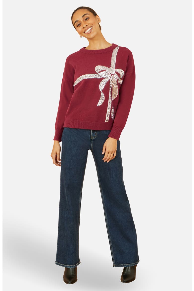 Sequin Bow Knitted Sweater, Alternate, color, Burgundy