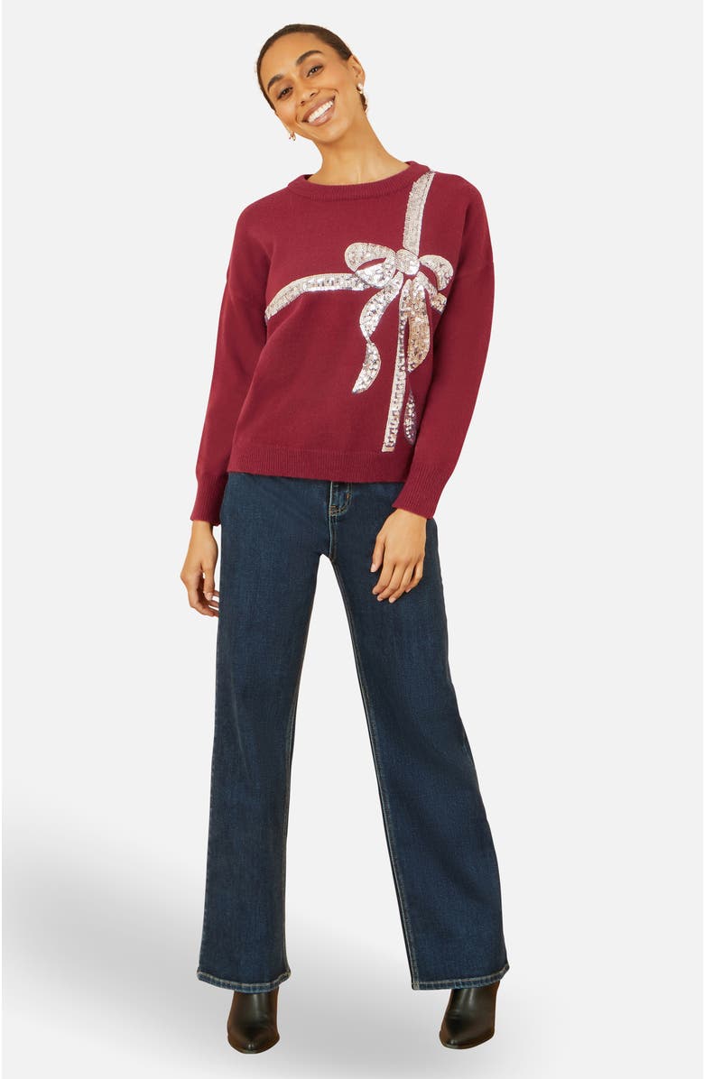Yumi Sequin Bow Knitted Sweater, Alternate, color, Burgundy