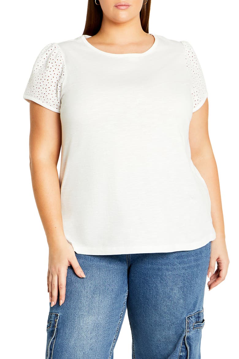 Linny Eyelet Puff Sleeve Cotton Top, Main, color, WHITE