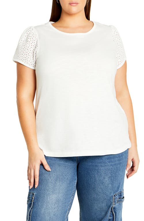 City Chic Linny Eyelet Puff Sleeve Cotton Top In White