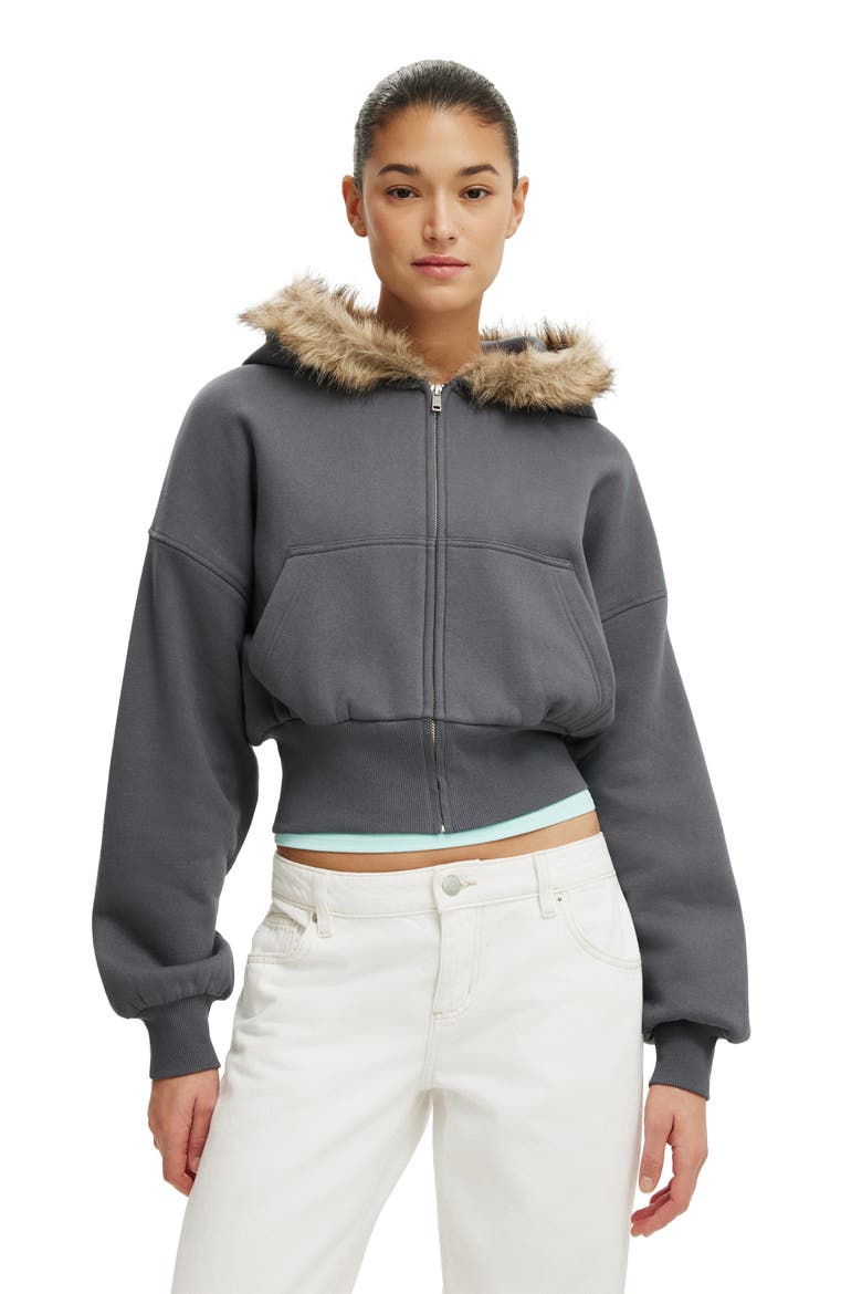 Women's Oversized Zip Through Hoodie, Main, color, Moonlight Shadow Faux Fur
