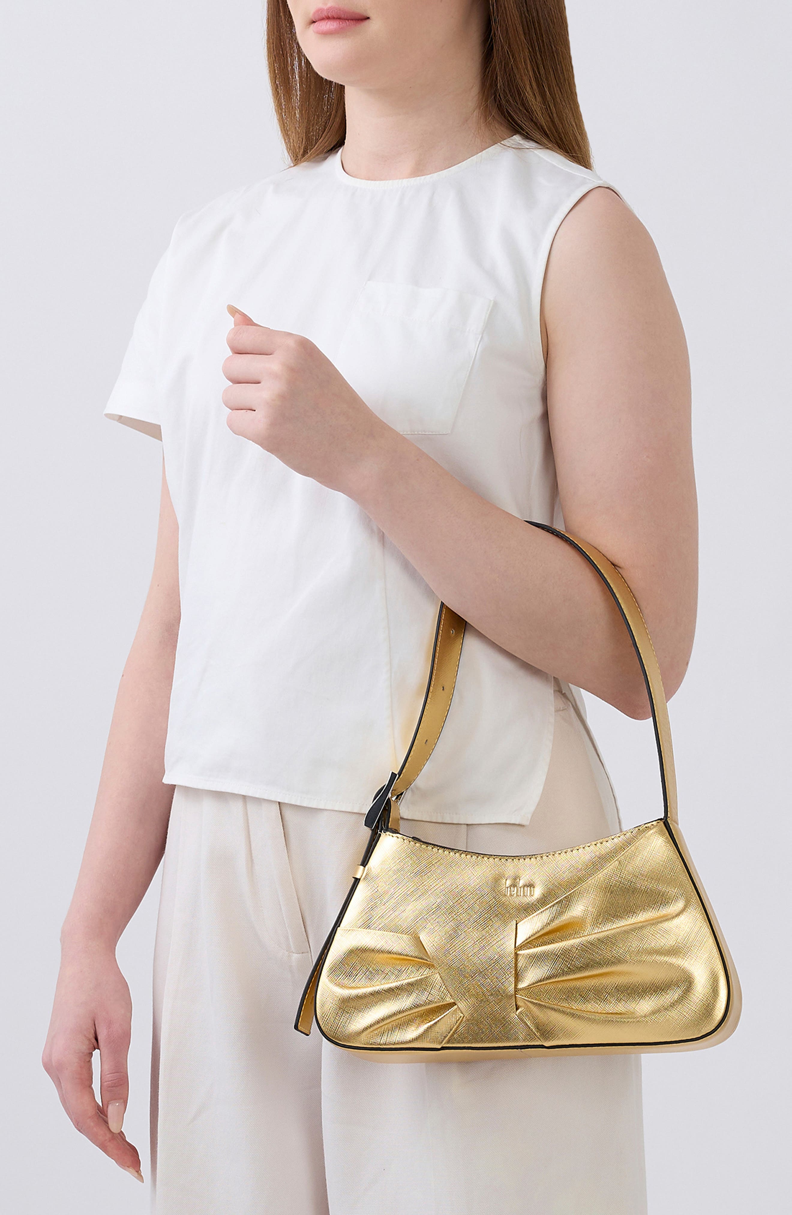 Mini Leena Crosshatched Metallic Leather Shoulder Bag, Alternate, color, GOLD