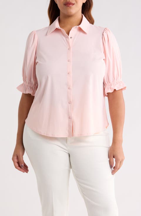 Puff Sleeve Knit Snap-Up Shirt (Plus)