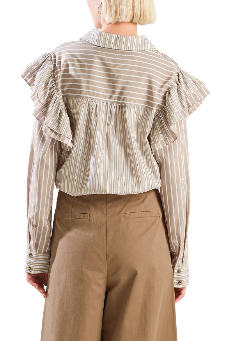 Striped Ruffle Shoulder Button-Front Shirt, Alternate, color, TAUPE