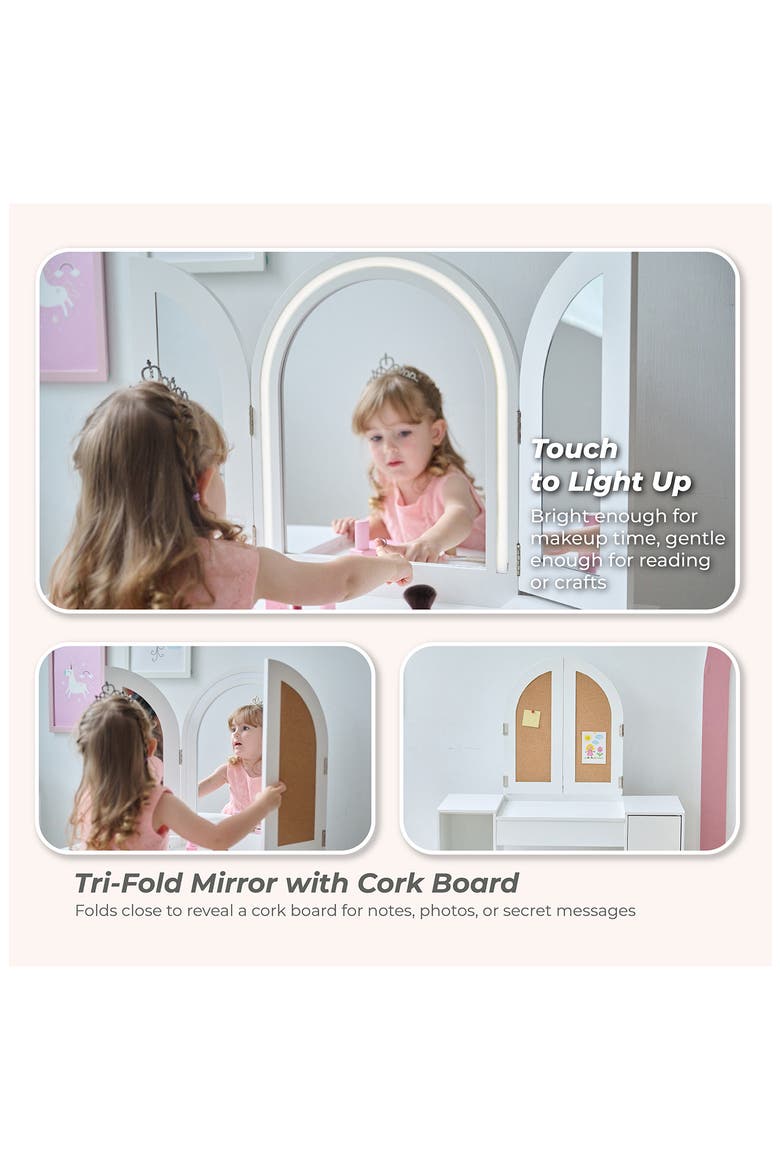 Deluxe Glow Wooden Vanity Table & Stool Set, Alternate, color, WHITE