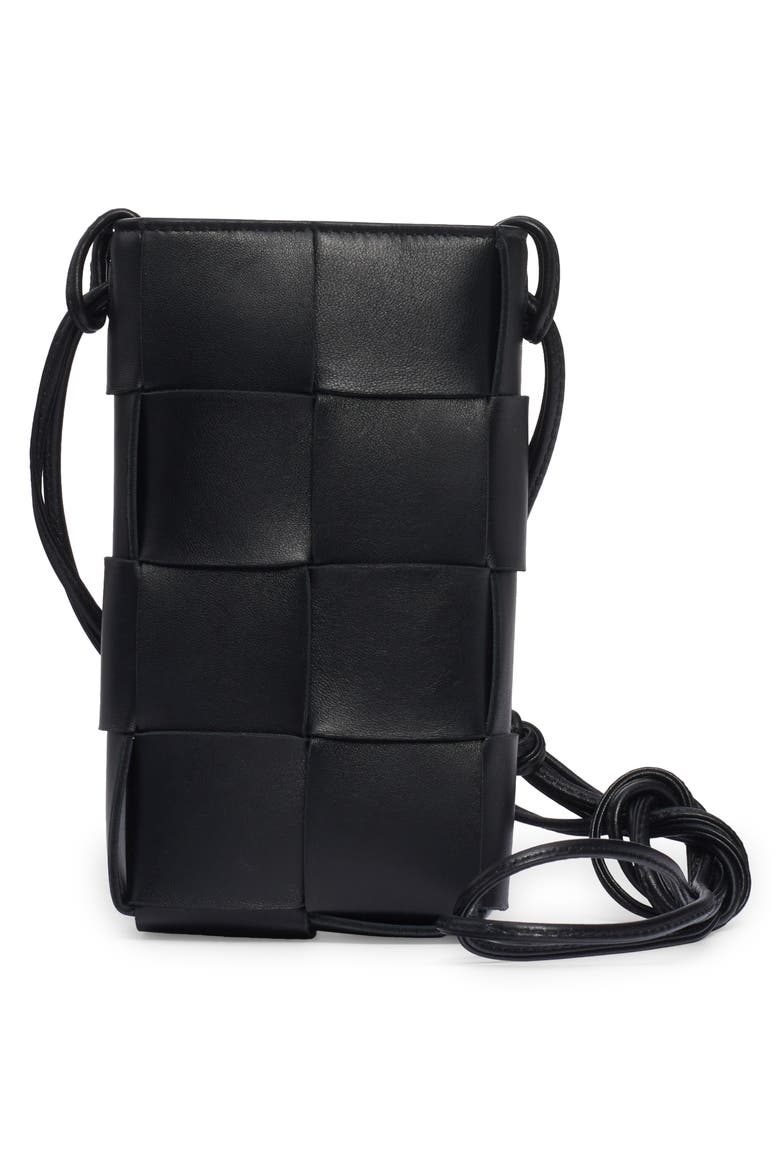 Intrecciato Leather Crossbody Phone Pouch, Alternate, color, BLACK-GOLD