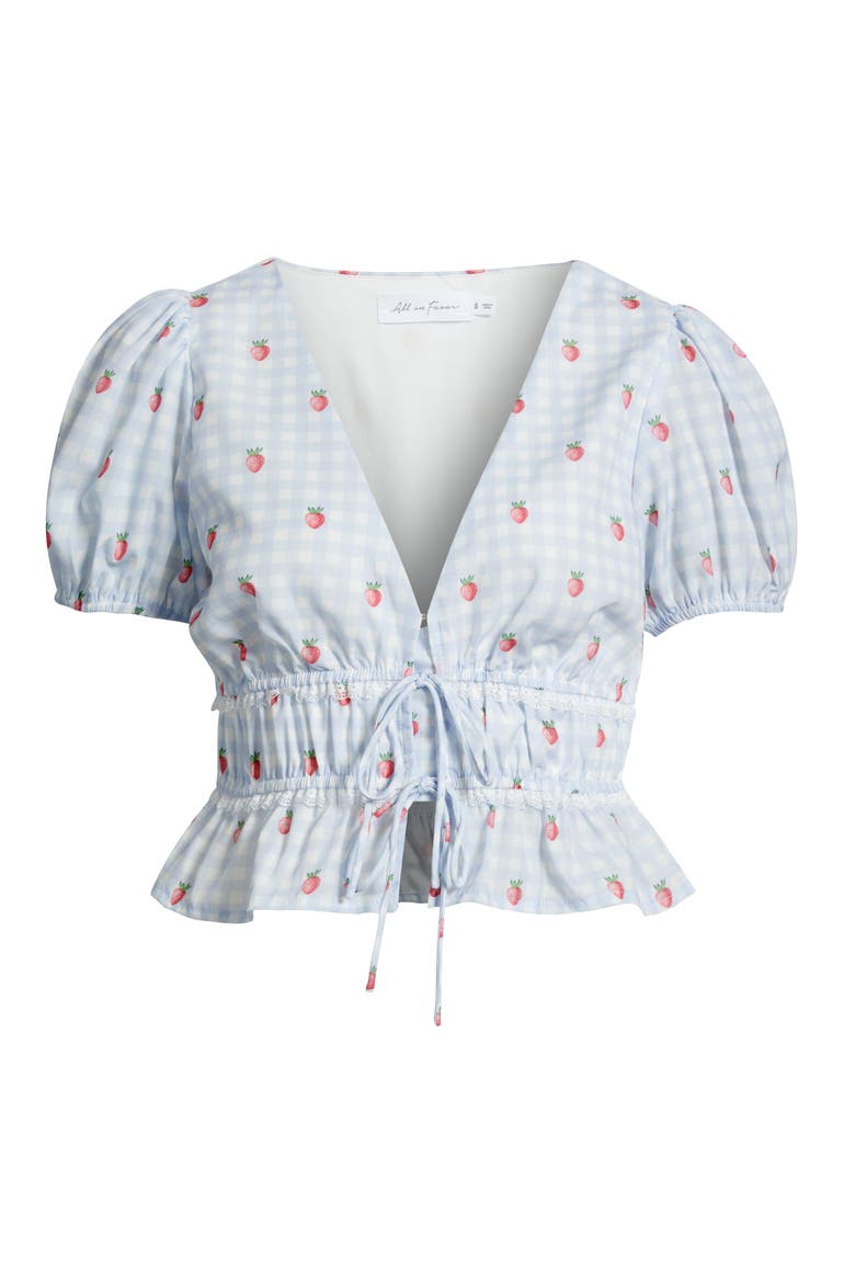 Gingham Strawberry Tie Front Crop Top, Alternate, color, BLUE GINGHAM