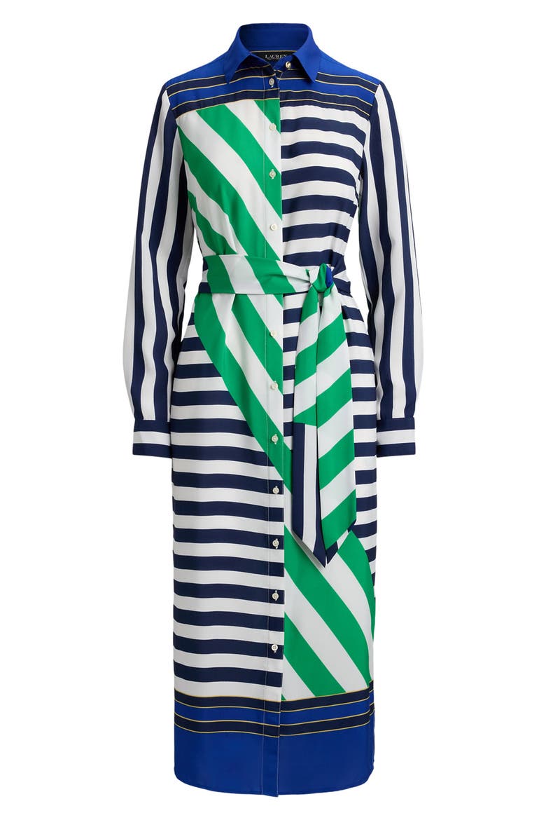 Stripe Tie Waist Midi Shirtdress, Alternate, color, NAVY BLUE/ WHITE/ GREEN