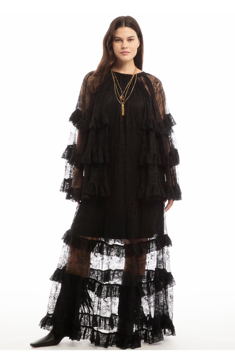 June + Vie Tiered Lace Cape Maxi Dress, Main, color, Black Onyx