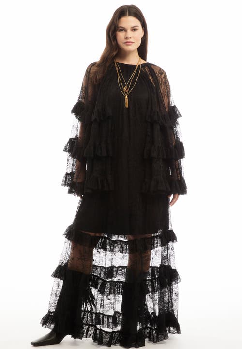 June + Vie Tiered Lace Cape Maxi Dress In Black